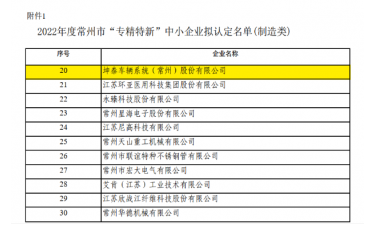 再获殊荣！公司荣获2022年度常州市“专精特新”称号